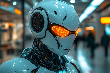 Fototapeta premium Futuristic white robot with glowing orange eyes in a blurry modern environment