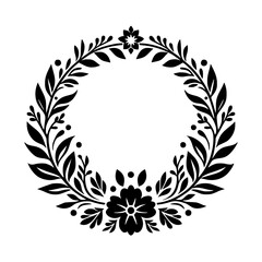Elegant Black and White Floral Wreath: A symmetrical design of leaves, flowers, and ornamental details, providing a striking frame for an invitation or design element.