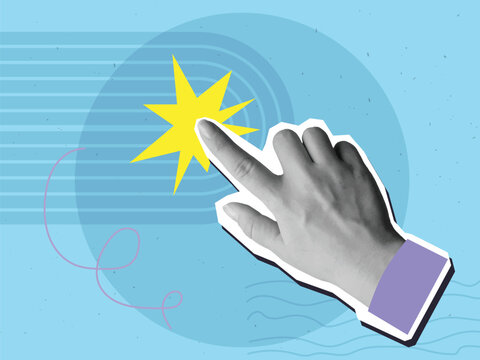 Hand makes click gesture with flash effect. Modern collage style. Vector illustration