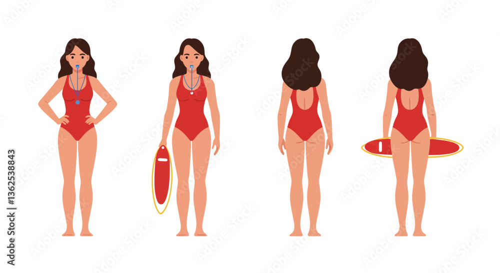 Poster lifeguard character poses in flat design style showcasing different angles in vector illustration