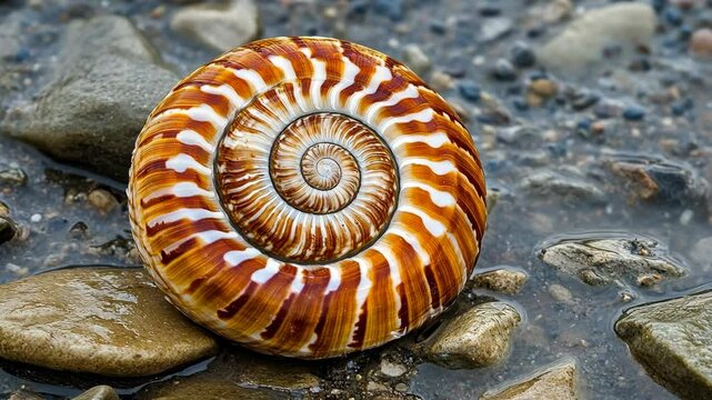 Spiral sea shell resting on smooth stones at the shore, glistening in sunlight