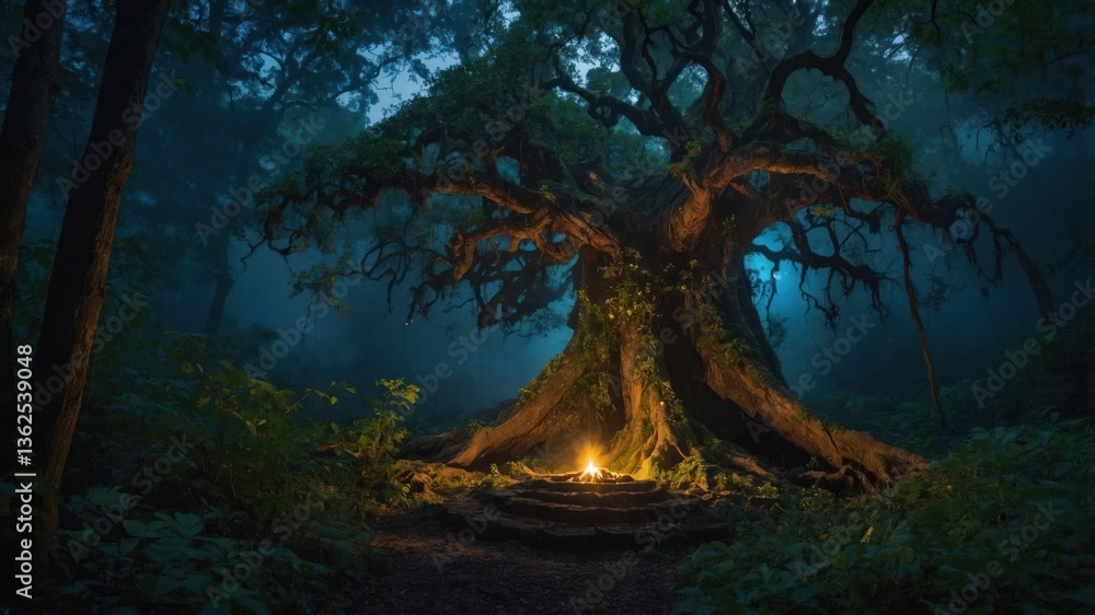 Poster a mystical tree in a foggy forest, illuminated by a small fire, creating an enchanting atmosphere.