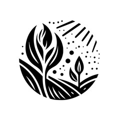Black and white illustration of stylized plants within a circle, suggesting growth and the outdoors.