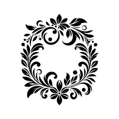 Elegant Black and White Floral Wreath Design, Featuring Detailed Leaves, Swirls, and Blossoms, Perfect for Decorative or Artistic Applications.