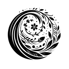 Intricate Black and White Floral Mandala Design Featuring Spiraling Leaves, Blossoms, and Dots in a Circular Composition.