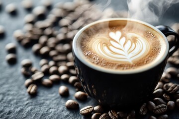 Cup of coffee with beans