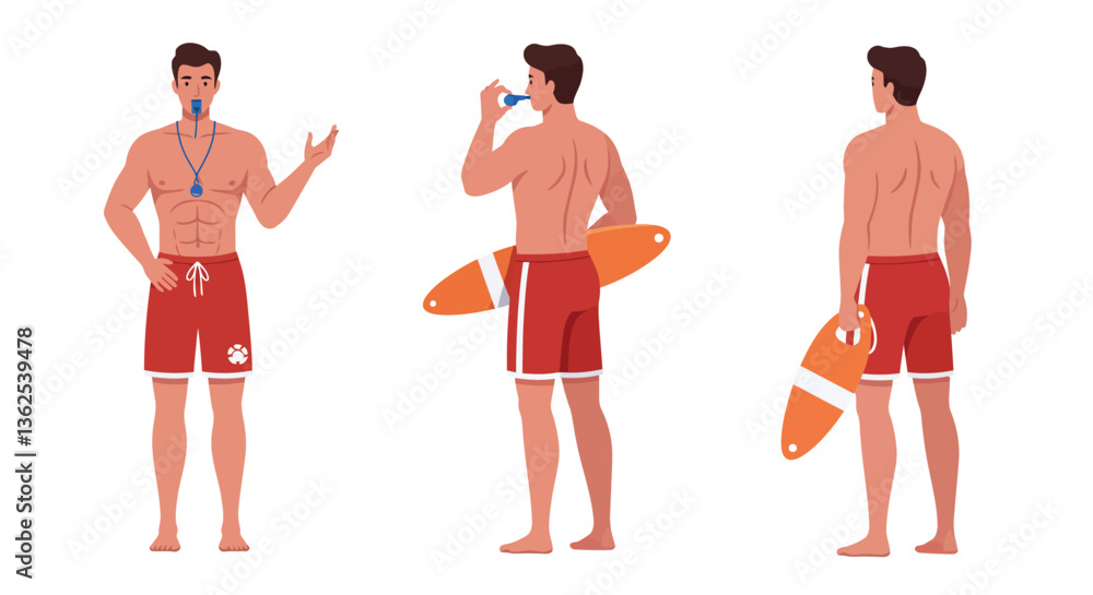 Poster lifeguard in three poses with minimal design style vector illustration