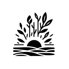 Minimalist Black and White Illustration of Sunrise over Wavy Landscape, with Foliage Silhouette Emphasizing Harmony and Nature's Beauty.