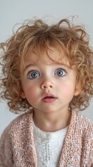 Naklejka premium A young girl with curly hair and blue eyes is wearing a pink sweater