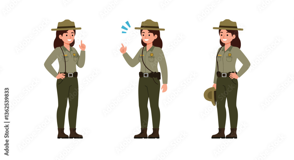 Poster ranger character in three poses with flat design style vector illustration