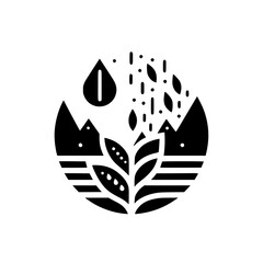 Obraz premium A stylized black and white circular illustration featuring mountains, rain, a water droplet, and plant life representing nature's elements in a clean, minimalist design.