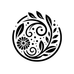 Elegant Black and White Floral Design within a Circle, featuring intricate leaves, swirling lines, and a central stylized flower, creating a balanced and decorative composition.