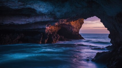 A serene coastal cave at sunset, with waves gently lapping at the rocky shore.