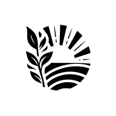 Symbolic illustration of a plant with leaves, nestled within a stylized sun and landscape, a monochrome visual testament.