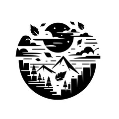 A stylized, minimalist monochrome landscape within a circle featuring mountains, trees, a moon, and stylized foliage, evoking a sense of natural beauty.