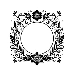 Ornate Black and White Floral Wreath Composition: Elegant Decorative Frame Featuring Detailed Flower, Leaf, and Swirl Elements Encircling a Central Circle.