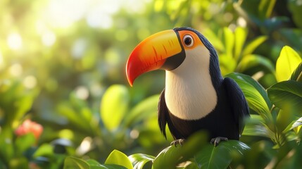 Fototapeta premium Toucan perched jungle foliage sunrise wildlife nature