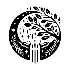 Intricate Monochrome Circle Composition: Celestial Tree of Life with Waterfall, Branches, Stars and Foliage Elements, Minimalist Art.