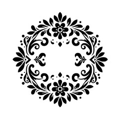 Ornate Black Floral Wreath on White: A symmetrical, stylized design with flowers, leaves, and swirling elements, perfect for elegance.