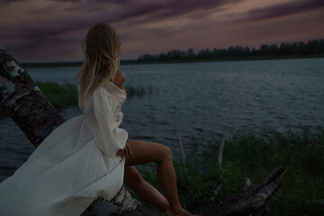 A sensual blonde woman with long hair and glowing skin poses barefoot on a tree trunk at sunset,...