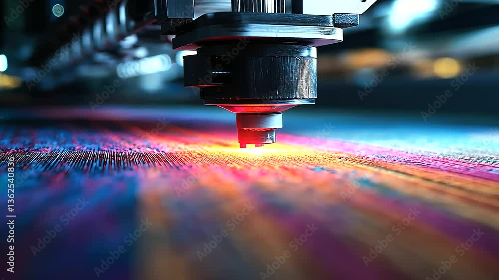 Poster close-up of a textile emerging from a dtf printer, displaying intricate patterns with ultra-fine det