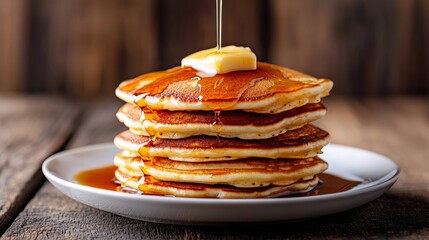 Butter and syrup cover a mouthwatering stack of pancakes, set on a table with a rural feel, great for casual breakfast or lunch gatherings