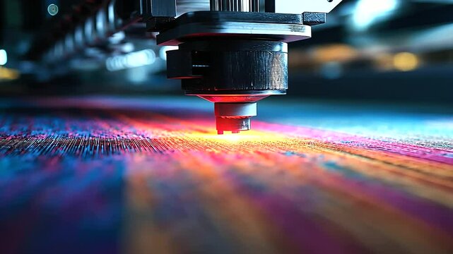 Close-up of a textile emerging from a DTF printer, displaying intricate patterns with ultra-fine detail and a rich color spectrum.