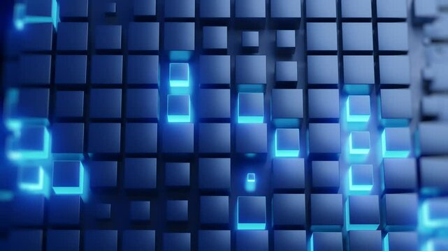 Futuristic 3D render of illuminated blue cubes forming a digital wall, representing data architecture, blockchain, and technology systems.