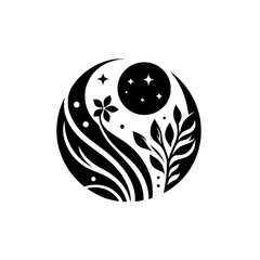 Celestial Botanical Emblem: A stylized, black and white round composition featuring a crescent moon, stars, a moon, flower, and lush leaves.