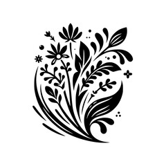 Elegant Floral Silhouette: A minimalist monochrome design featuring stylized blossoms, leaves, and botanical elements arranged in a graceful, balanced composition.