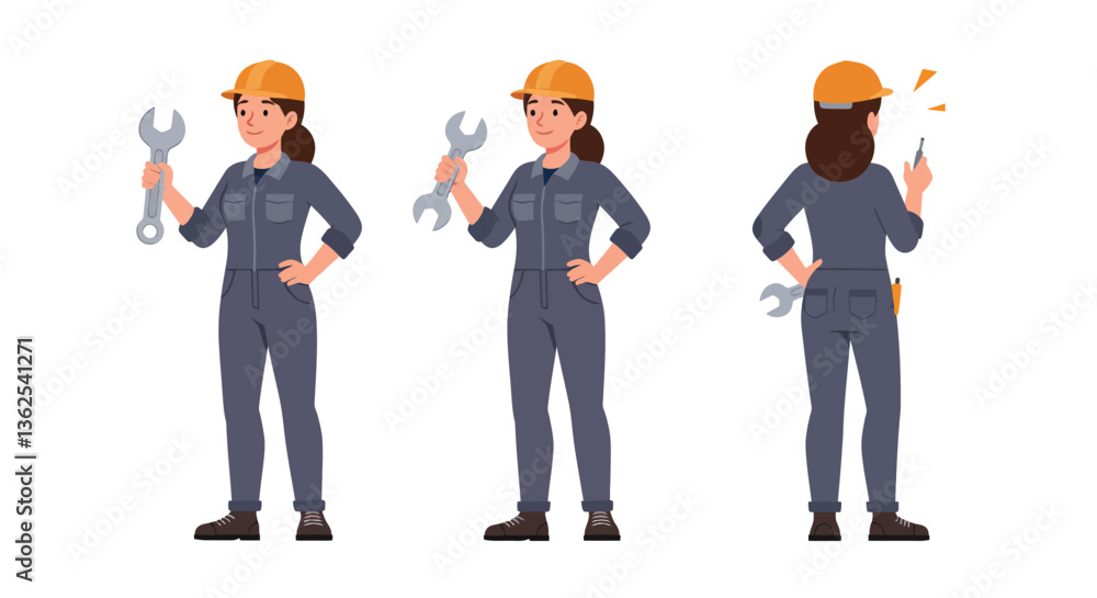 Poster mechanic holding tools in flat style vector illustration showing different poses and expressions