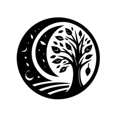 A stylized, minimalist emblem featuring a tree within a circle, incorporating a crescent moon, stars, and stylized ground lines, conveying a harmonious balance.