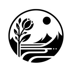 A stylized, circular black and white illustration depicts a rose-like blossom and flora, mountains, a sun, and rippling water under a clear sky.