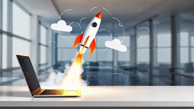 Rocket Launching from Laptop - Startup Concept