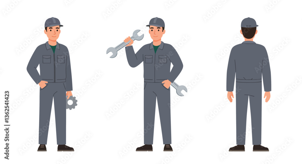 Aufkleber mechanic character in flat style showcasing different poses and tools vector illustration