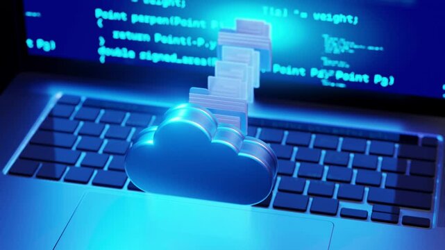Glowing cloud icon with digital file folders over a laptop keyboard, representing cloud computing, online data storage, and digital transfer.