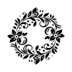 Intricate Floral Wreath in Elegant Black and White, Adorned with Detailed Petals, Leaves, and Ornate Curls, Perfect for Invitations and Decorative Designs.