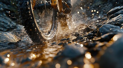 Mountain bike wheel splashing through a shallow stream (1)