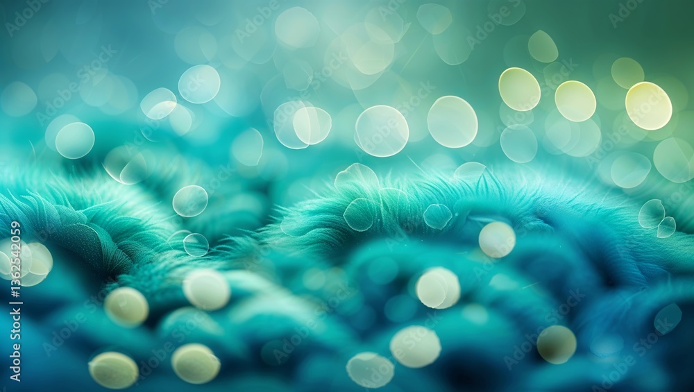 Poster soft teal fibers illuminated by shimmering bokeh lights create a dreamy atmosphere in an abstract co