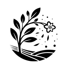 Elegant Monochrome Illustration: A stylized plant with leaves, flower, and flowing elements set against a backdrop of rolling hills and sky.