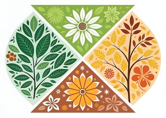 A vibrant celebration of the four seasons, depicted with stylized floral motifs and a tranquil color palette showing the cyclical beauty of nature.