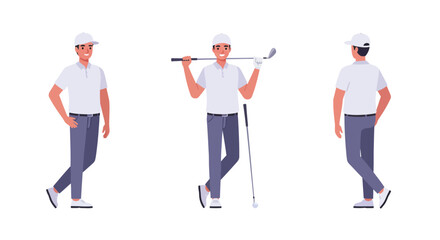 Male golfer character in three poses, flat design style, dynamic sports vector illustration