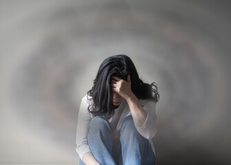 Vertigo illness with dizziness in woman patient feeling dizzy, faint with spinning movement inside...