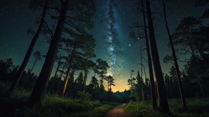 A serene forest scene under a starry sky, showcasing the Milky Way and tranquil nature.