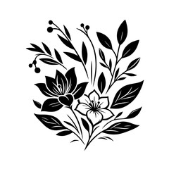 Intricate Floral Arrangement in Monochrome: A stylized bouquet of blooming flowers, leaves, and berries, rendered in black and white against a stark white backdrop, creating a design.