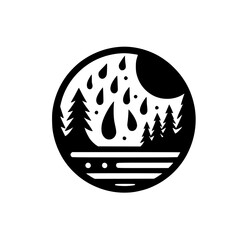 Minimalist circular emblem of a rainy forest scene, featuring stylized trees, falling raindrops, a darkened crescent, and horizontal lines representing a body of water.