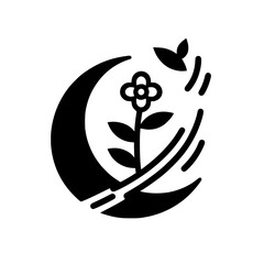 Symbolic minimalist black and white illustration of a floral motif within a crescent shape, featuring leaves and stylized elements suggesting growth and nature.