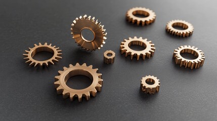 The organized display of bronze and copper gears on a metallic surface signifies the blending of technological innovation and industrial design concepts