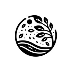 A minimalist black and white emblem depicting a tree, river, sun and falling leaves inside a circle, evoking a sense of natural harmony.