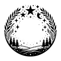 Circular, symmetrical black and white illustration of a night scene, framed with foliage, stars, a crescent moon, and a stylized landscape with pine trees.